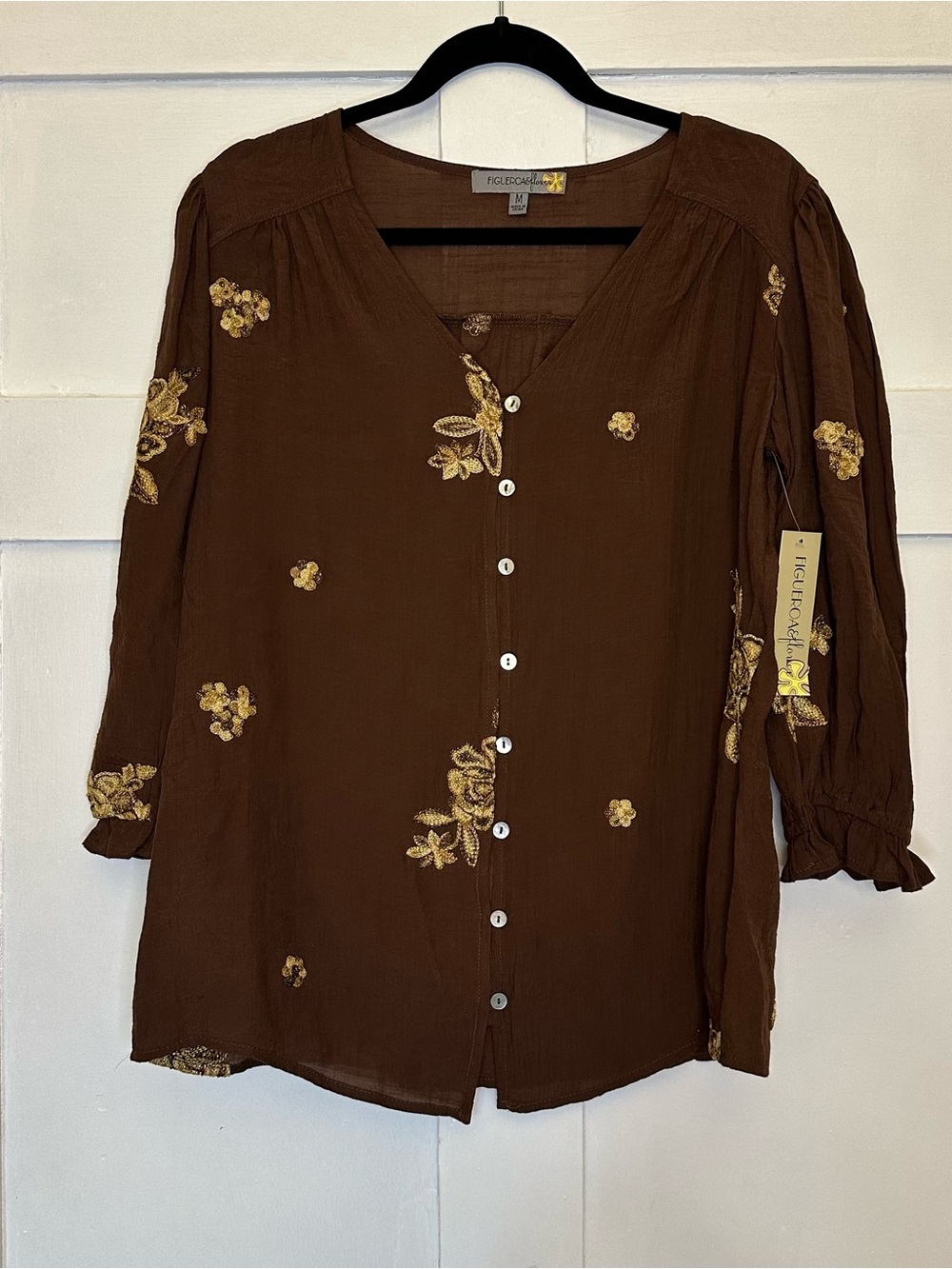 Boho Gold Floral Embroidered Button-Front Brown Blouse Figueroa & flower Sz M